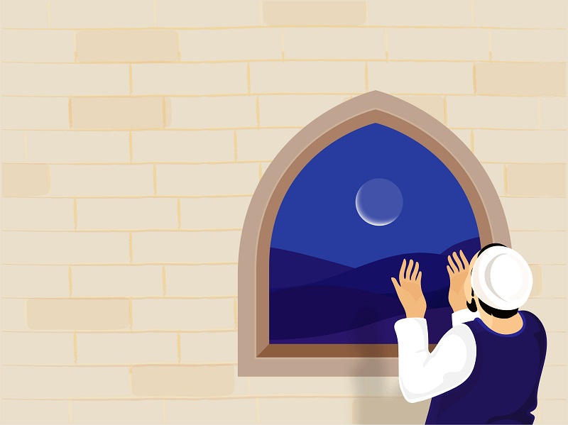 Back View Of Muslim Man Offering Namaz (Prayer) With Crescent Moon On Mosque Window Brick Wall Background For Islamic Festival Concept.